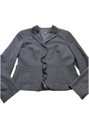 Max Mara Weekend Gray Virgin Wool Blend Ruffle Front Blazer Jacket Size 14